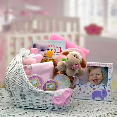 Welcome Baby Bassinet New Baby Basket-Pink - baby bath set - baby girl gifts - new baby gift basket - baby gift baskets - baby shower gifts